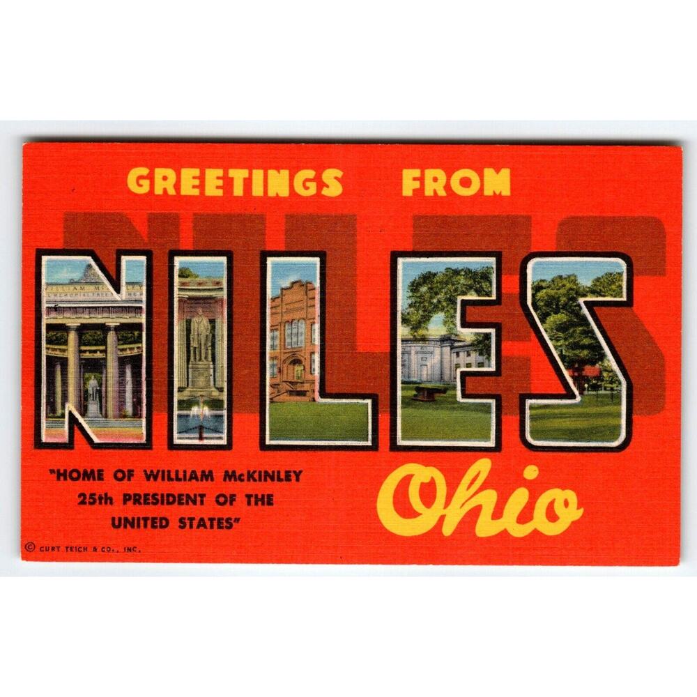 Greetings From Niles Ohio Large Big Letter Linen Postcard Curt Teich Unused